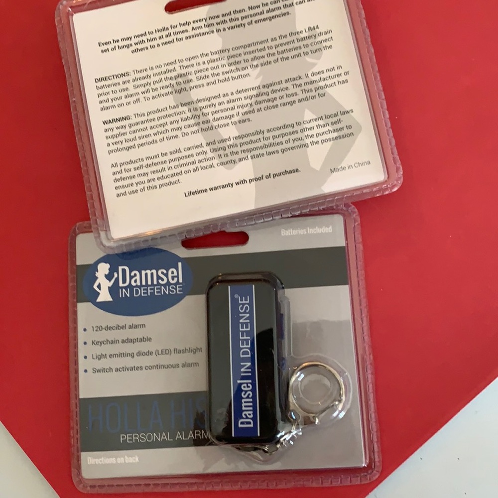 Keychain alarm, flashlight.